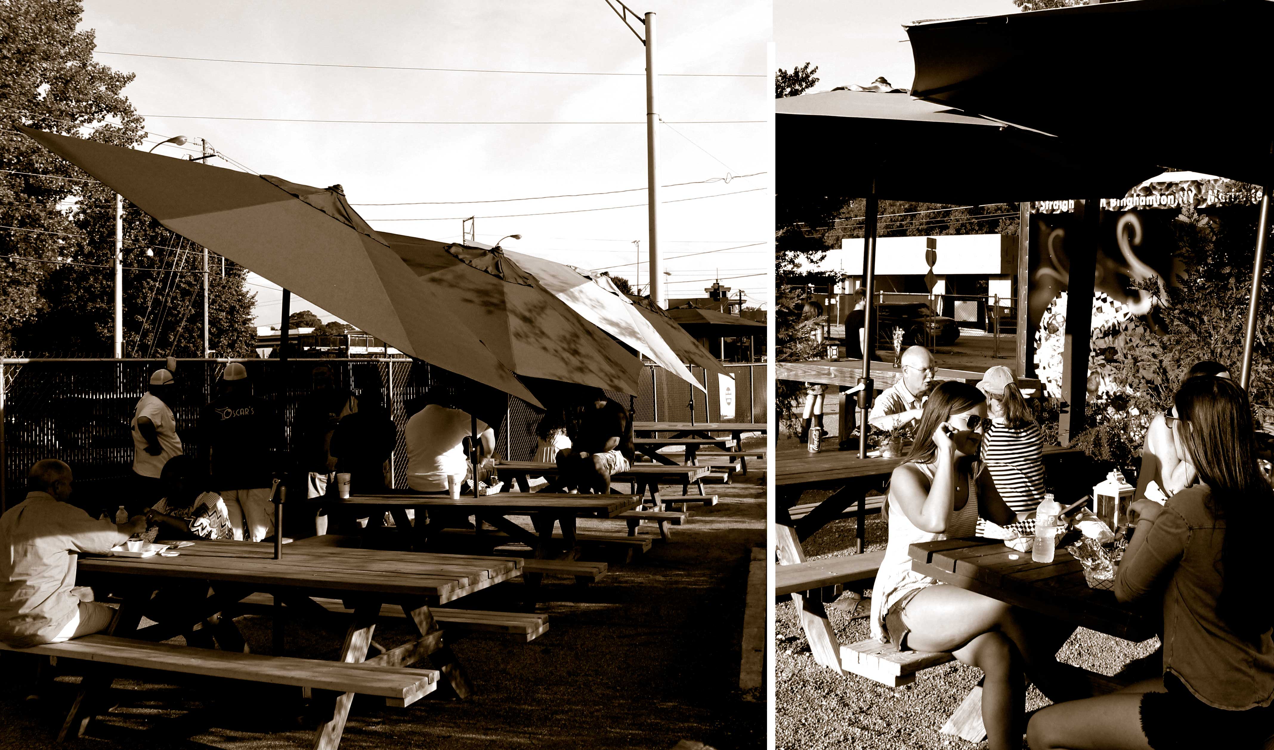 Collage of Atlanta Food Truck Park and Market patrons sitting and eating.