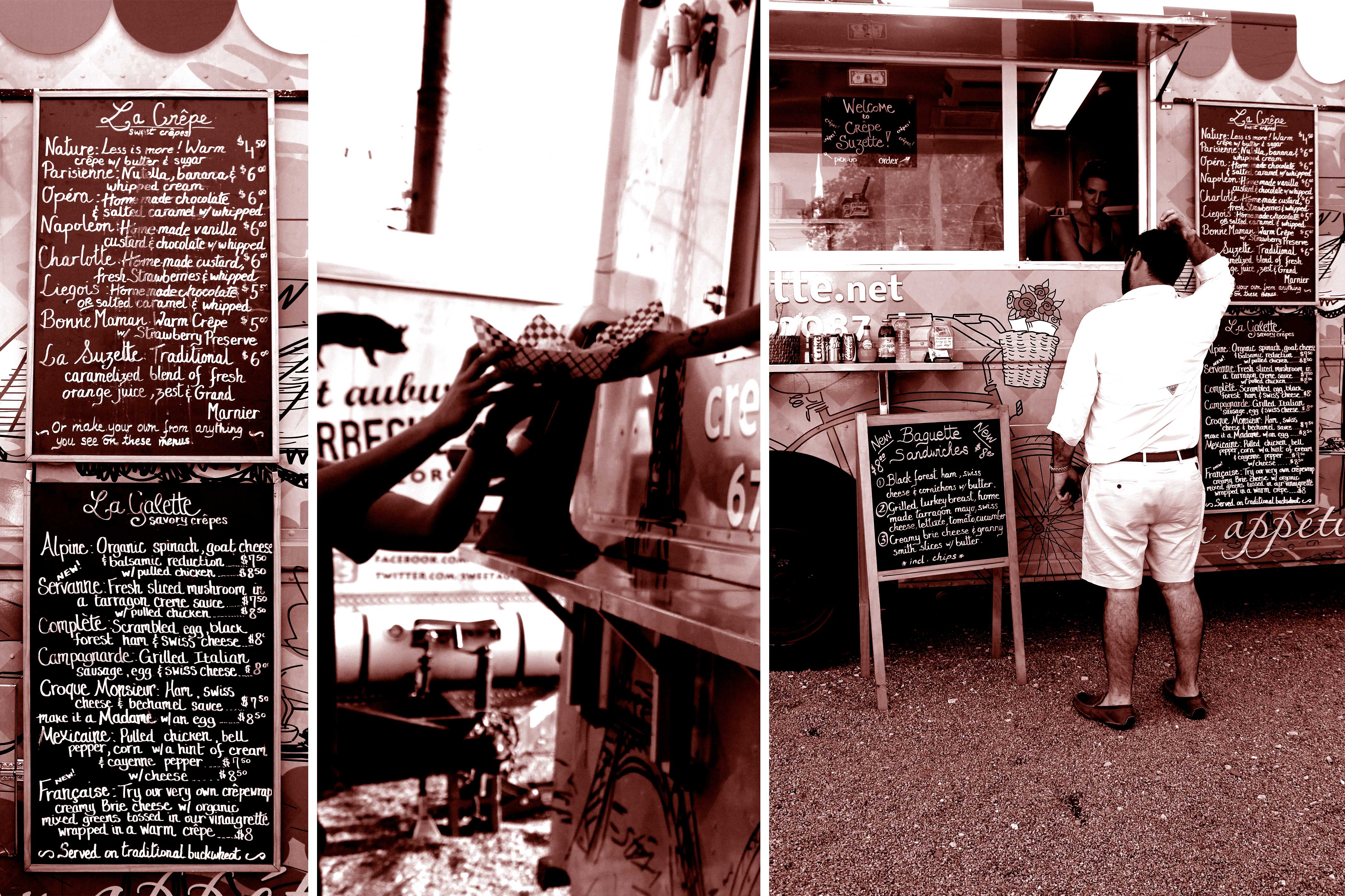 Collage of patrons ordering and receiving crepes from the Crepe Suzette food truck at Atlanta Food Truck Park and Market.